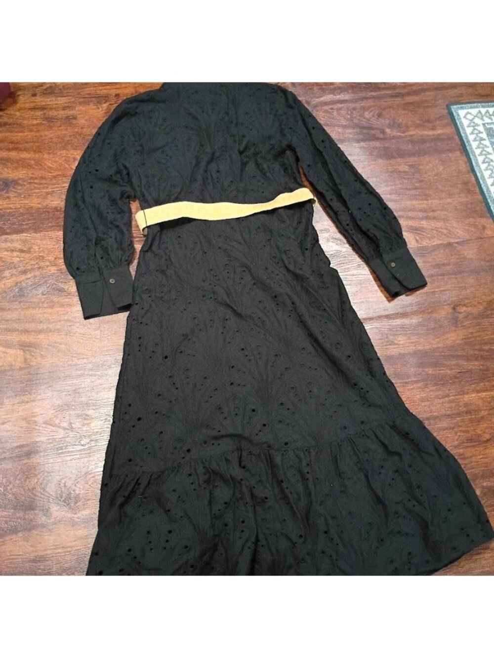 MNG Black Cottagecore Whimsy Boho Dress S With Eyelet Designs & Belted Preppy - Picture 15 of 15